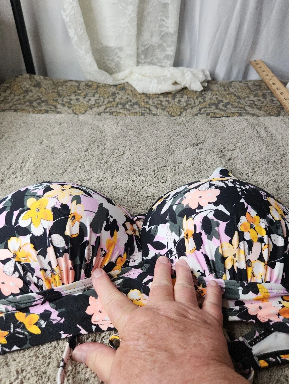Floral V-Neck Crop Swim Top in Black and Yellow - Women Tops - Decree - 0X